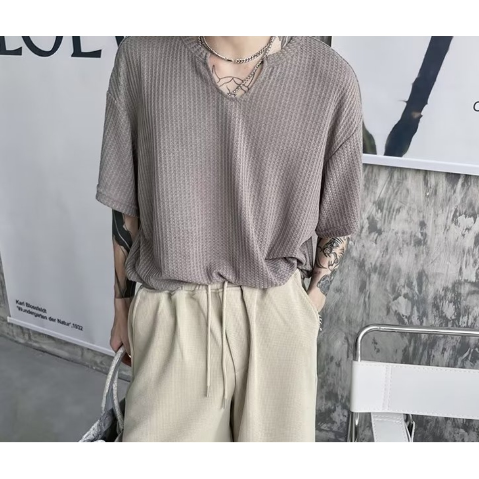 Áo Thun Tay Ngắn Cổ Chữ V Phong Cách Đường Phố Hàn Quốc Cho Nam