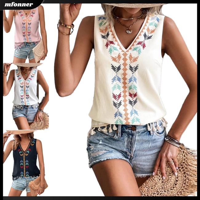 Áo Tank Top Sát Nách Cổ Chữ V Viền Tua Rua Thêu Họa Tiết Phong Cách Boho Quyến Rũ Cho Nữ