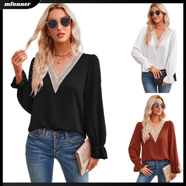 Áo Ren Tay Dài Cổ Chữ V Màu Sắc Thanh Lịch Dành Cho Nữ