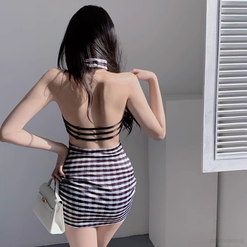 Đầm Hai Dây Hở Lưng Họa Tiết Kẻ Sọc Thời Trang Mùa Hè Hàn Quốc Cho Nữ