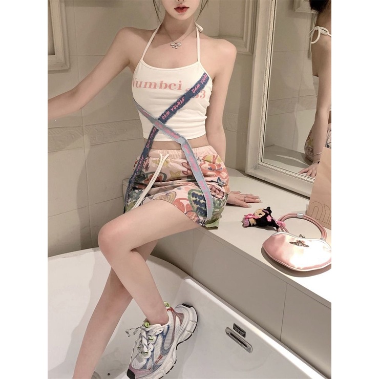 Y2k Dopamine Áo Hai Dây Buộc Dây Nhỏ Mặc Ngoài Trời Mùa Hè Màu Trơn Kiểu Mỹ Cho Nữ