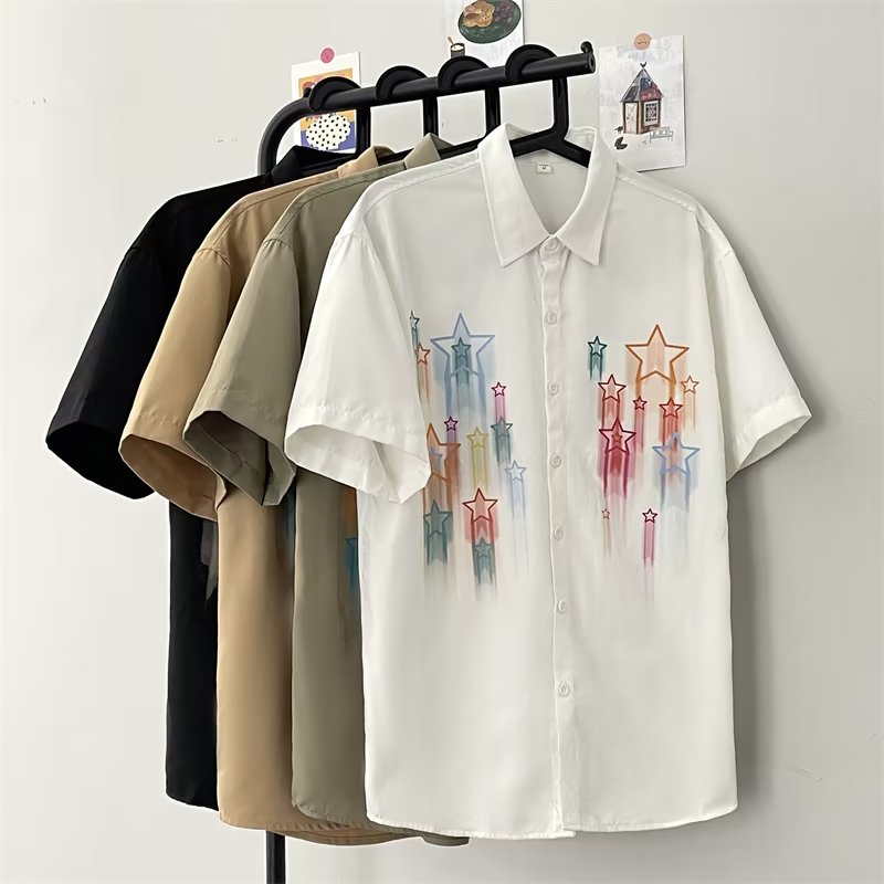 Áo Sơ Mi Ngắn Tay Cổ Đứng Họa Tiết Ngôi Sao Năm Cánh Phong Cách Đường Phố Mỹ Thời Trang Mùa Hè Cho Nam