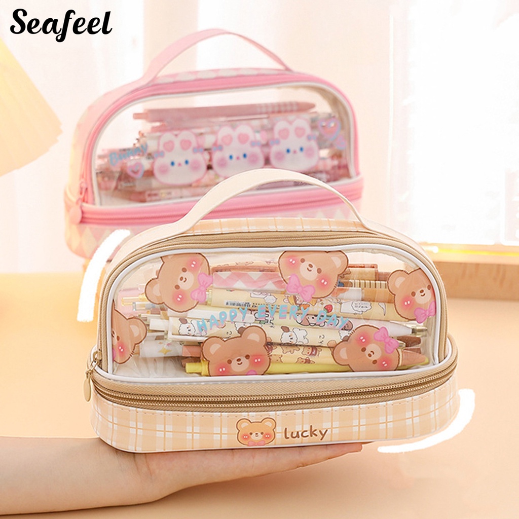 Túi Đựng Bút Chì Hai Lớp Trong Suốt Chống Bụi Sức Chứa Lớn In Họa Tiết Gấu Thỏ Hoạt Hình