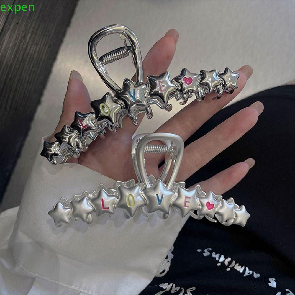 EXPEN Kẹp Tóc Đuôi Ngựa Hình Ngôi Sao / Chữ Love / Cá Mập Bằng Kim Loại Màu Bạc Cá Tính Cho Nữ
