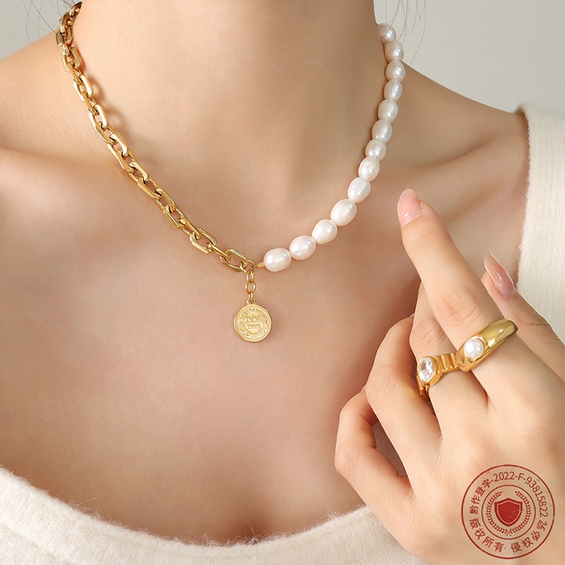 Vòng cổ Thép Titan Dày Không Màu Đính Ngọc Trai Phong Cách Hip hop Âu Mỹ