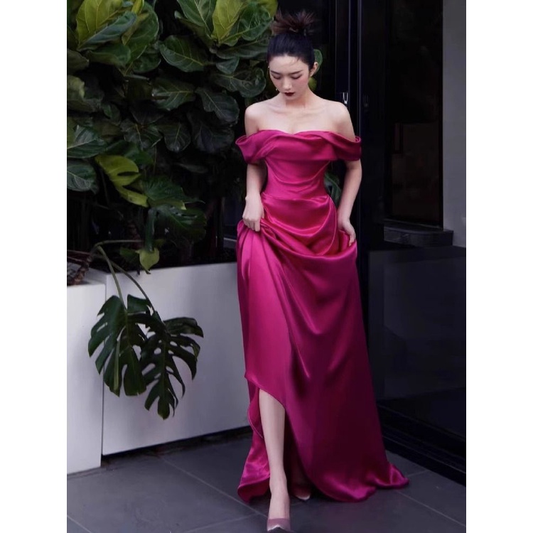Đầm Cưới Trễ Vai Màu Đỏ Hồng Cao Cấp Thời Trang Dành Cho Cô Dâu