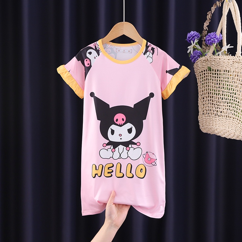 Kawaii sanrios kids nightdress dễ thương anime mymelody kuromi cinnamoroll phim hoạt hình đồ ngủ mùa hè tay ngắn váy đồ mặc nhà quà tặng