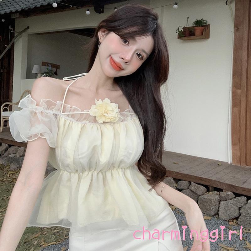 Áo Croptop Trễ Vai Tay Ngắn In Họa Tiết Hoa Thời Trang Mùa Hè Xinh Xắn Cho Nữ