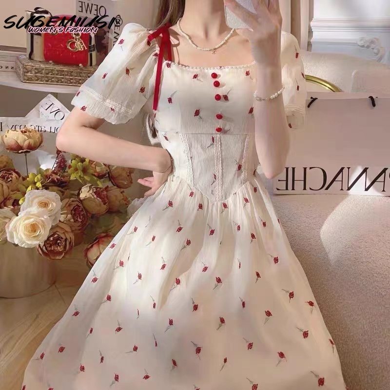 Sugemiusi Đầm Công Chúa Dáng Dài Ôm Eo Họa Tiết Hoa Thời Trang Mùa Hè Pháp