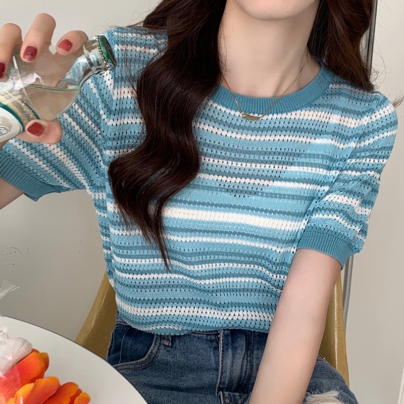 Áo Thun Lụa Lạnh Tay Ngắn Họa Tiết Sọc Ngang Thời Trang Dành Cho Nữ
