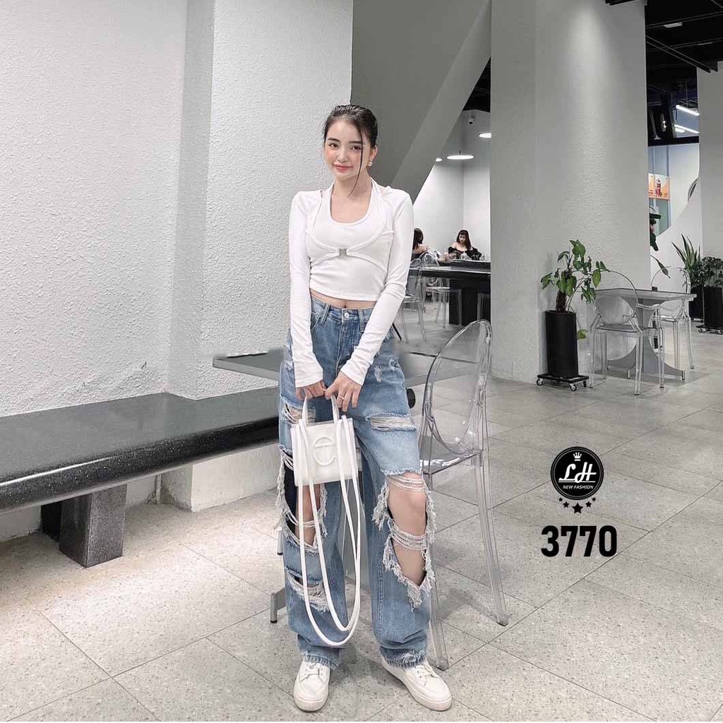  Ảnh thật  Quần jean ống rộng nữ rách te tua mảng lớn ngay gối ulzzang cạp cao Lê Huy Fashion MS 3770 