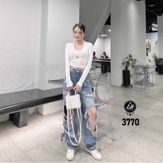   Ảnh thật  Quần jean ống rộng nữ rách te tua mảng lớn ngay gối ulzzang cạp cao Lê Huy Fashion MS 3770 
