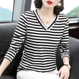 Áo Thun Nữ Cổ Chữ V Kẻ Sọc Dáng Rộng Thời Trang