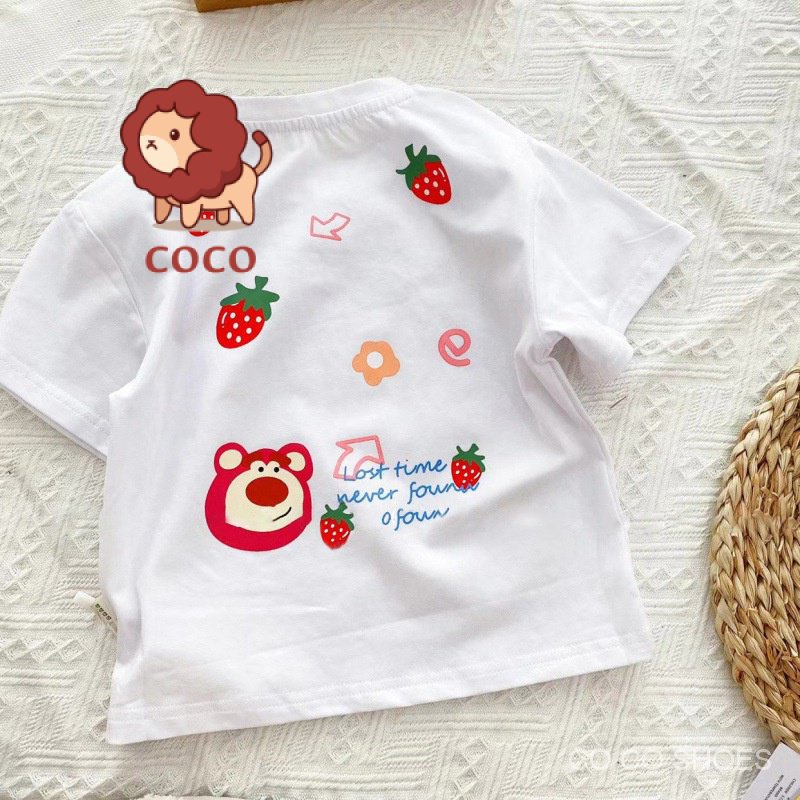 Áo Thun Cotton Tay Ngắn Kẻ Sọc Thêu Hình Gấu Dâu Tây Thời Trang Mùa Hè 2023 Mới Cho Bé Gái