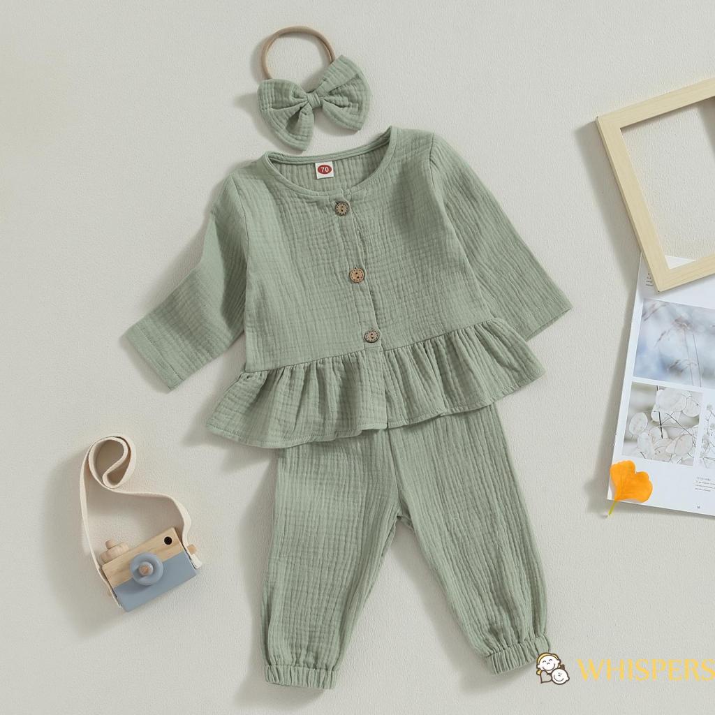Bộ Áo Sơ Mi Tay Dài Cài Khuy + Quần Dài + Băng Đô Cài Tóc Xinh Xắn Cho Bé Gái 0-3 Tuổi