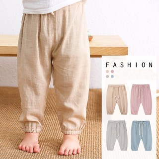 Quần cotton và vải lanh trẻ em mùa xuân và mùa hè mỏng bé trai và bé gái vải lanh quần trẻ em harem quần áo trẻ em