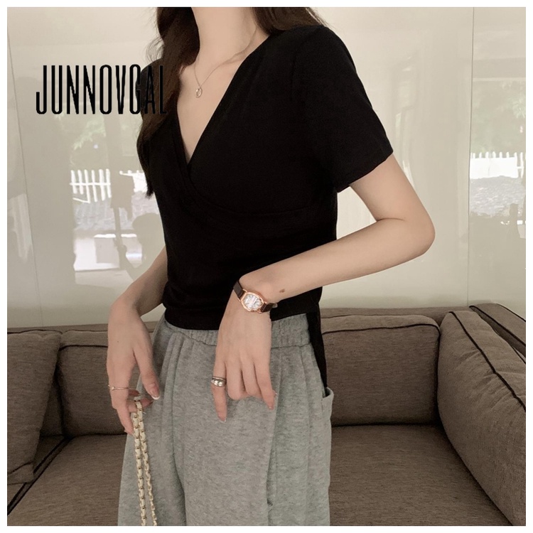 Áo thun JUNNOVGAL đắp chéo tà thời trang gợi cảm đa năng 2023 cho nữ
