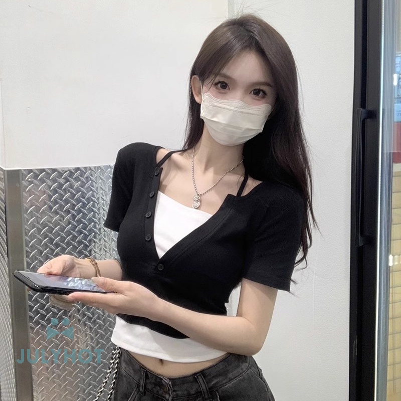 Mùa Hè Mát Mẻ Sexy Giả Hai Mảnh Halter T-Shirts Phụ Nữ V Cổ Ngắn Tay Áo Mỏng Crop Top VN
