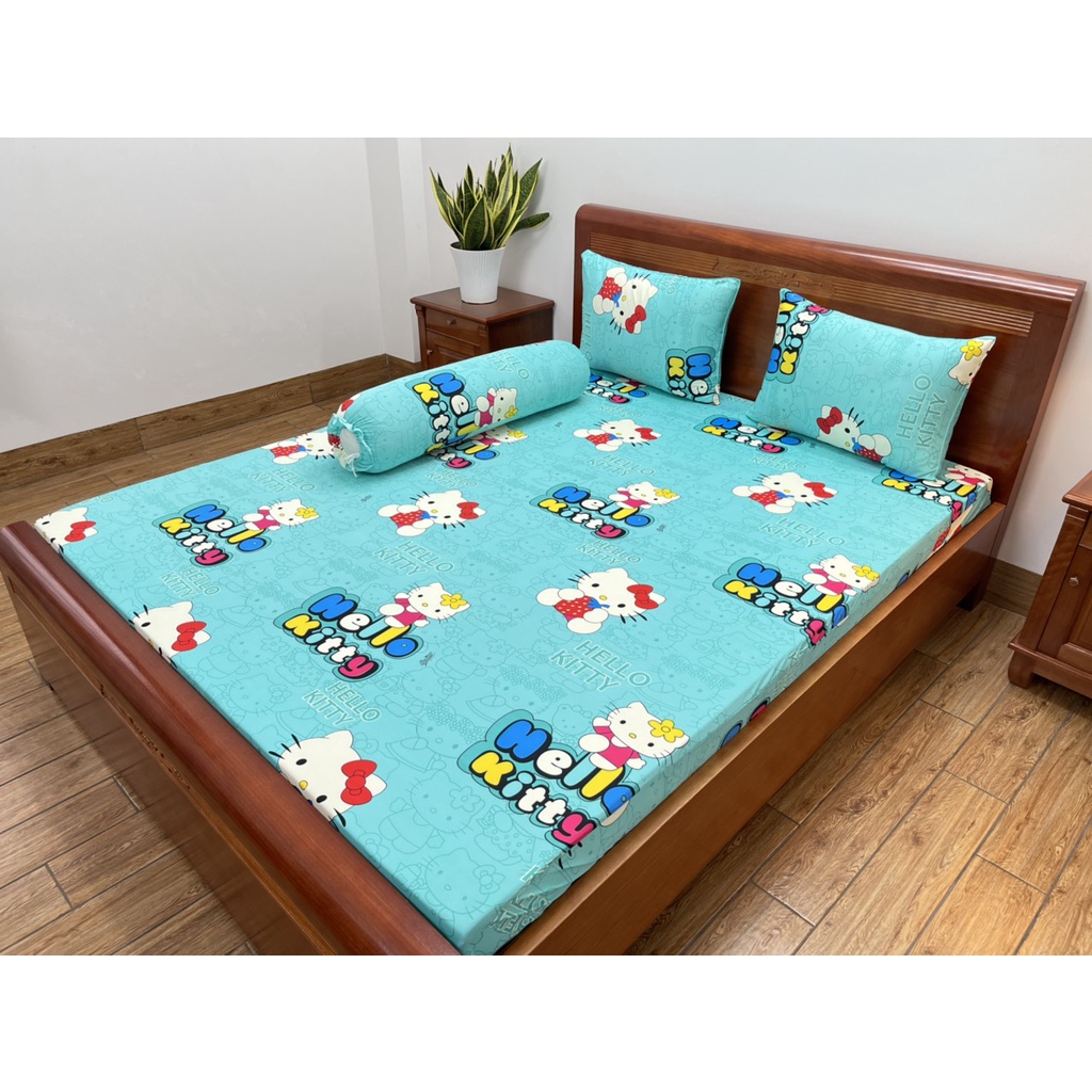 Bộ ga giường, Drap nệm Thun Lạnh Hàn Quốc 4 món họa tiết Helo Kitty