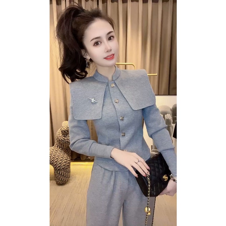 Set Áo Vest Tay Dài Dáng Ôm Màu Xám Phong Cách Châu Âu Thời Trang Sang Trọng Cho Nữ