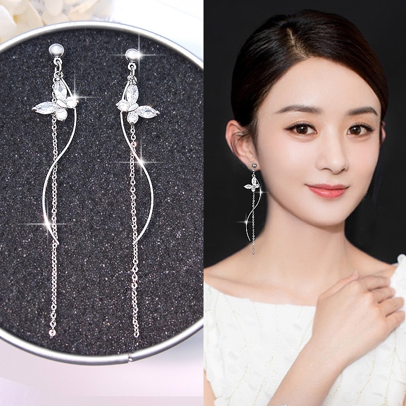 Bông Tai Mạ Bạc 925 Đính Ngọc Trai Và Đá Zircon Tua Rua Phong Cách Hàn Quốc