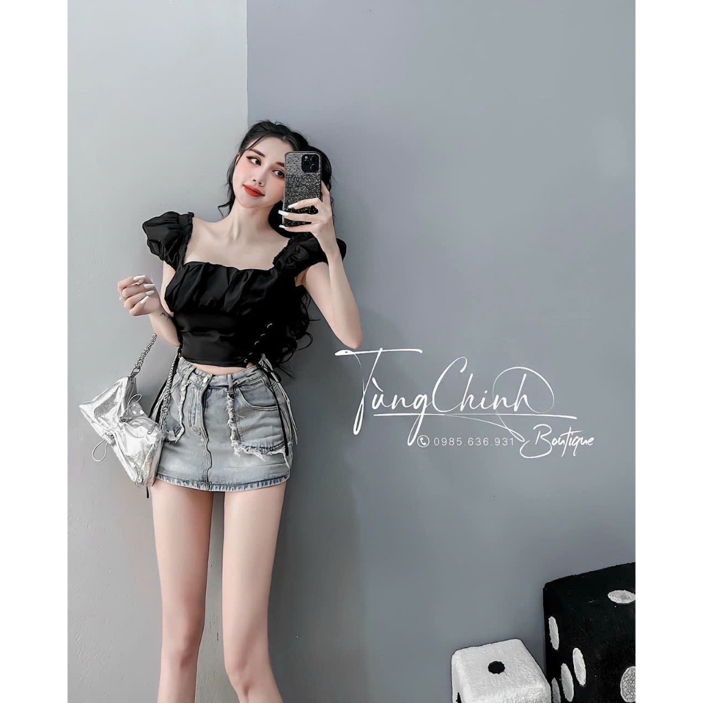 Áo Kiểu Nữ Tay Bèo Đan Dây Hai Bên Eo Xinh Xắn KXT0056