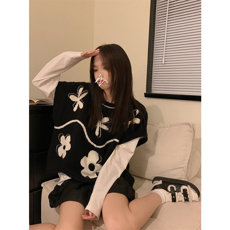 Áo sweater Sát Nách Cổ Tròn Dáng Rộng In Hoa Dễ Thương