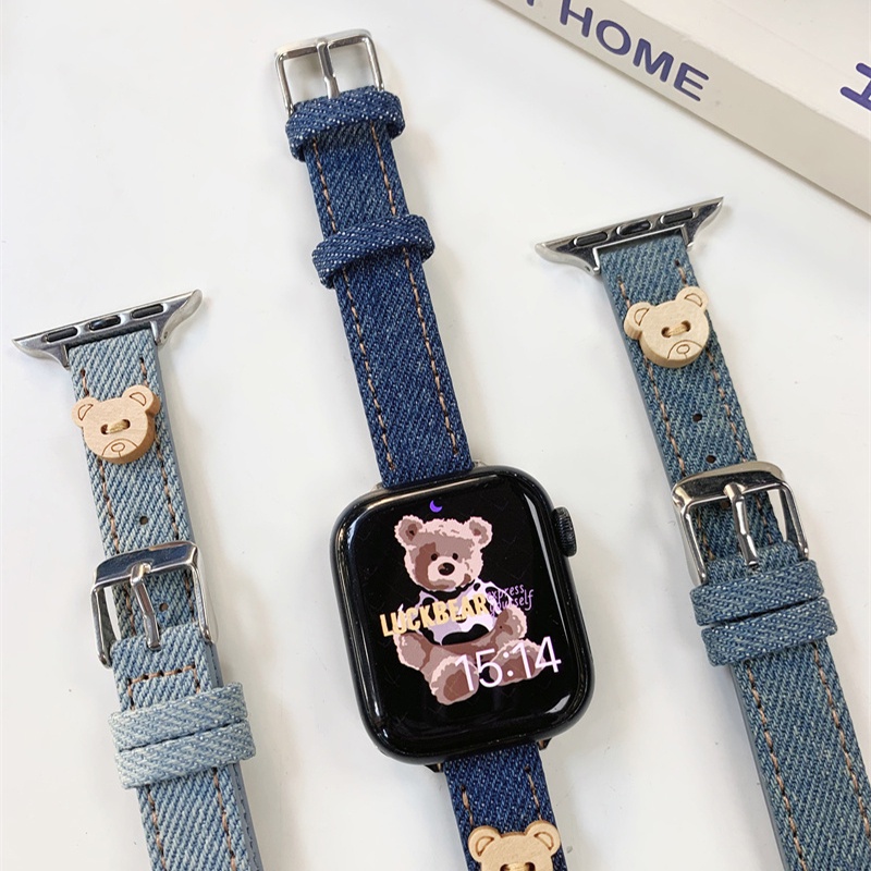Dây Đeo Đồng Hồ Bằng Denim Họa Tiết Gấu Dễ Thương Cho Apple Watch Series 8 7 6 5 4 3 40mm 41mm 38mm 44mm 45mm 49mm