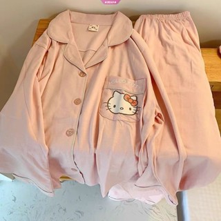 Sanrio hello kitty dài tay t-shirt quần ống rộng hai mảnh bộ phụ nữ đồ ngủ dễ thương áo khoác mùa hè quần dài bộ đồ ngủ mềm mại
