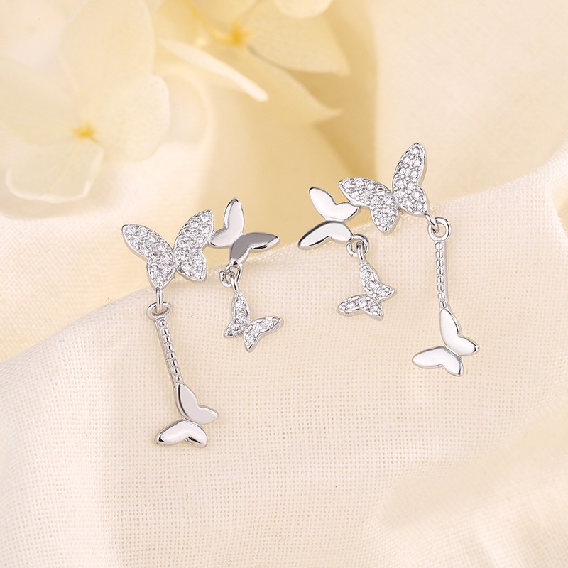 Thời trang bạc màu bướm stud bông tai quyến rũ phụ nữ sáng tạo pha lê tua bông tai trang sức bên