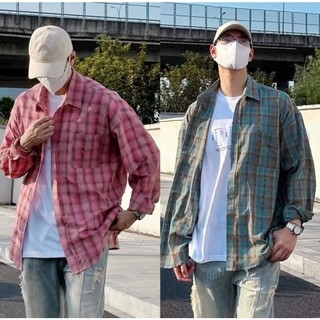 Japanese man street hip hop trend long-sleeved shirt big pocket oversize unisex plaid shirt