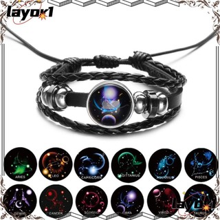 Vòng tay da bện thủ công họa tiết 12 cung hoàng đạo phát sáng có nút bấm có thể điều chỉnh dành cho cả nam và nữ
