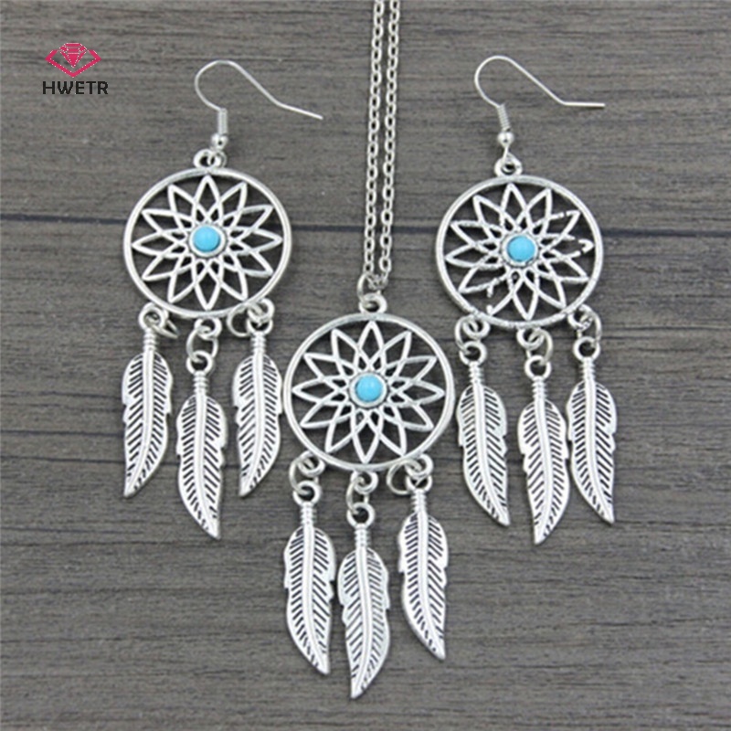 Hwetr bohemian dreamcatcher lá lông vũ mặt dây chuyền vòng cổ bông tai bộ trang sức mới