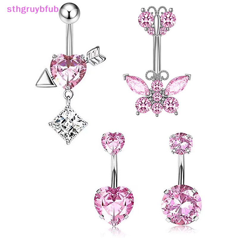 Sthb bướm bằng thép không gỉ vòng nút bụng chất lượng cao màu hồng rhinestone vòng rốn tình yêu cho phụ nữ trang trí cơ thể sexy vn