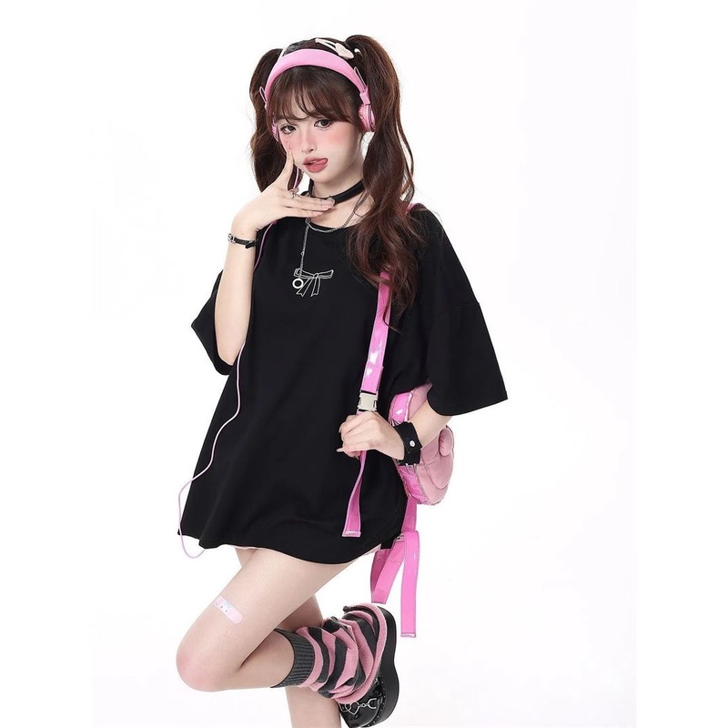 Nữ nơ tie in ngắn tay t-shirt lỏng trung bình chiều dài t-shirt top