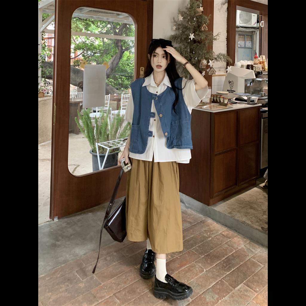 Set Chân váy jean Lưng Cao Và Áo Ba Lỗ Phong Cách hong kong Thời Trang Mới Cho Nữ