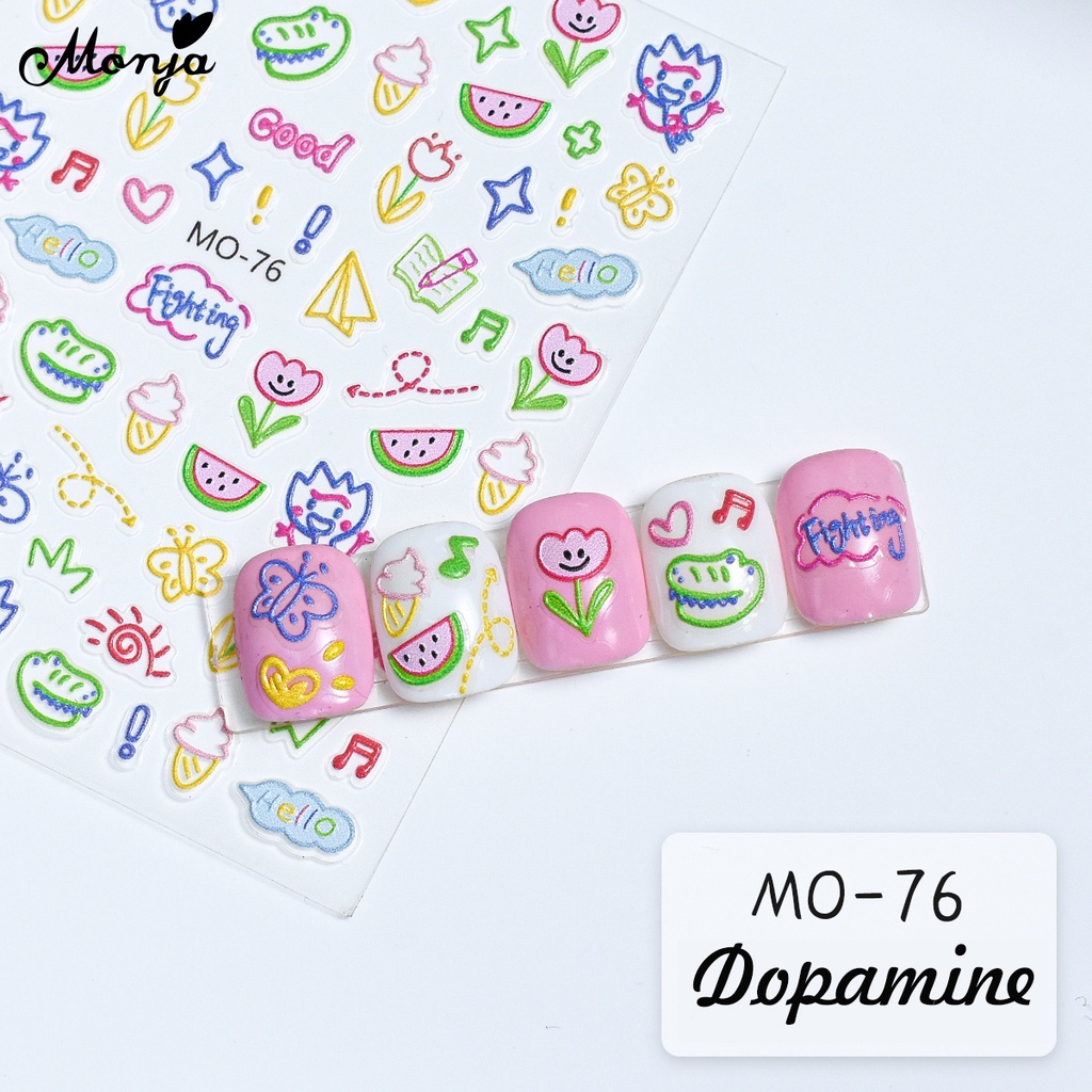 Hình dán móng dopamine MONJA tự dính họa tiết hoạt hình nổi 5D 6 kiểu dáng dễ thương trang trí nghệ thuật