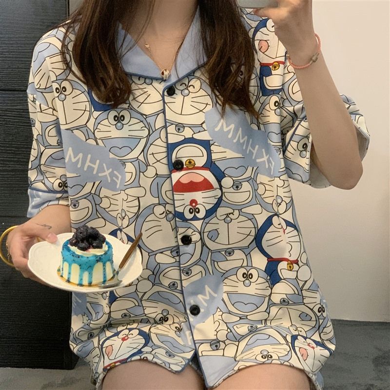 Bộ Đồ Ngủ Tay Ngắn In Hình Doremon Dễ Thương Thời Trang Mùa Hè Cho Nữ