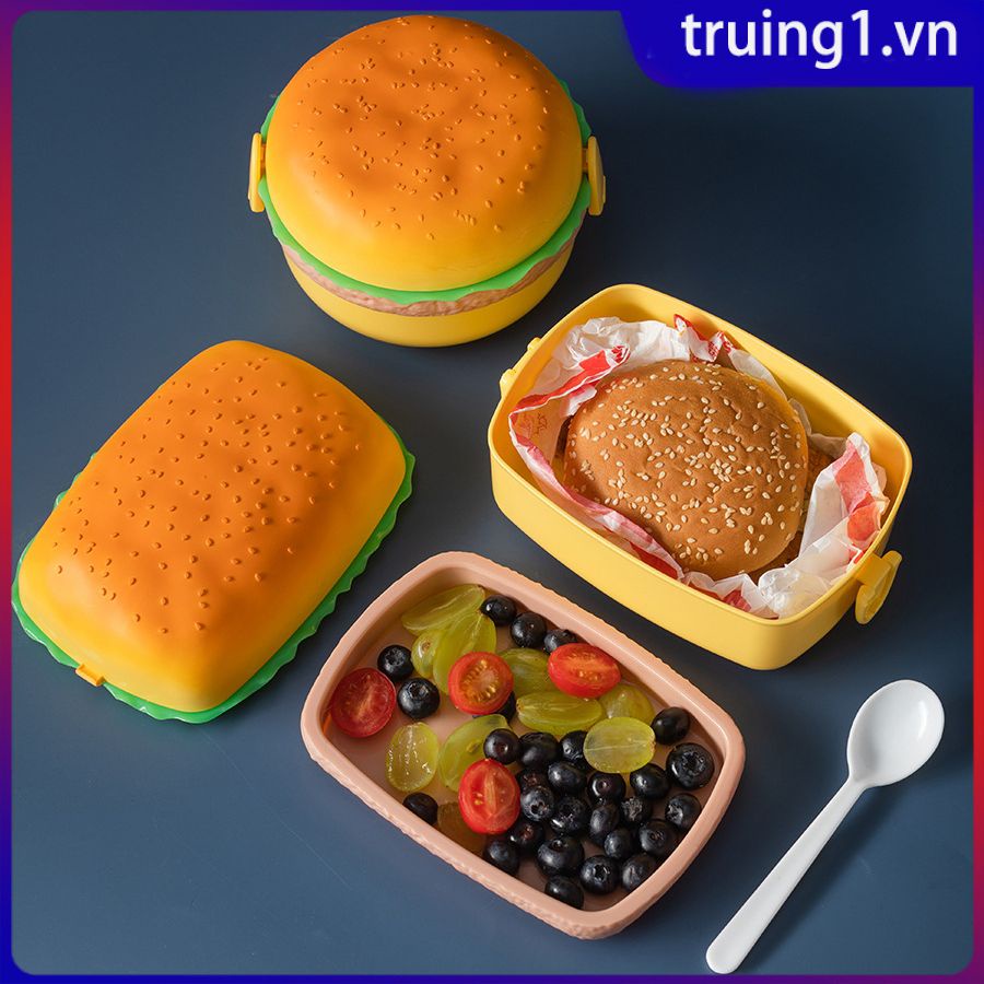 Hộp Cơm Trưa Hình Hamburger Sáng Tạo Hộp Burger Hai Tầng Bộ Bàn Hộp Cơm Bento Trường Học Văn Phòng Ký Túc Xá Hộp Đựng Thực Phẩm Truing1