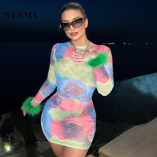 Weania phụ nữ nhiều màu in váy bodycon lông cừu dài tay