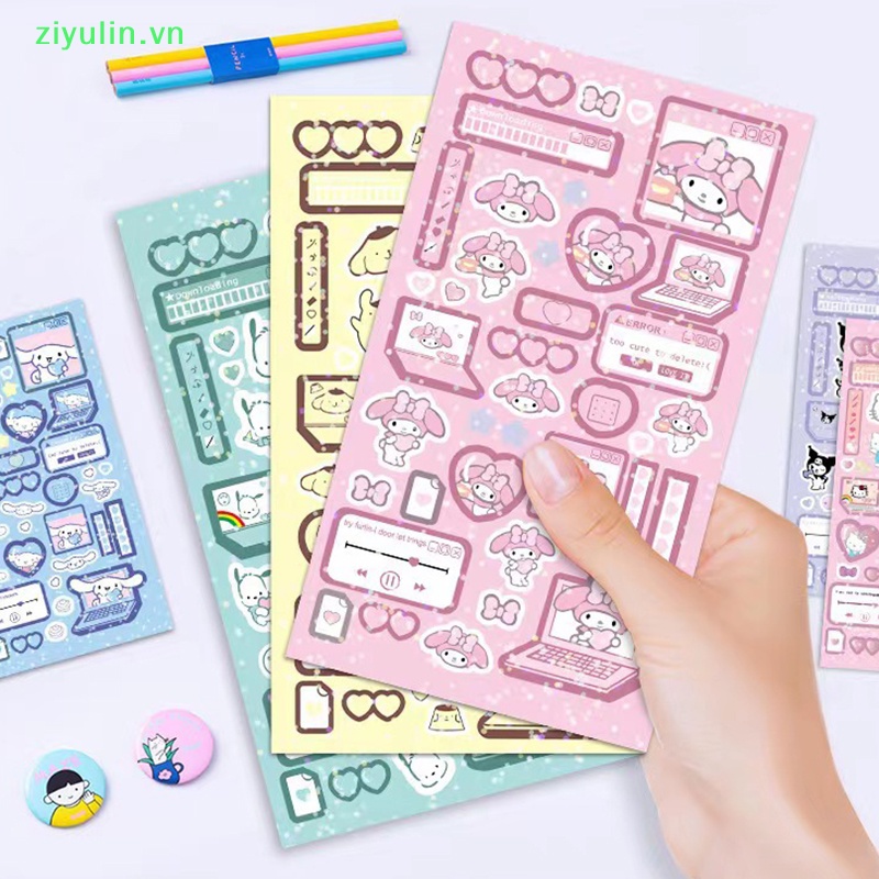 Ziyulin 6sheets / set hình dán laser hoạt hình dễ thương kawaii melody kuromi hello kitty decals trang trí không thấm nước diy sticker kids toys vn