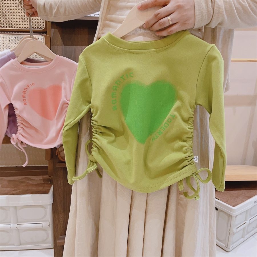 Áo Thun Tay Dài Mùa Thu 2023 Có Dây Rút In Họa Tiết Trái Tim Phong Cách Công Chúa Mới Cho Bé Gái