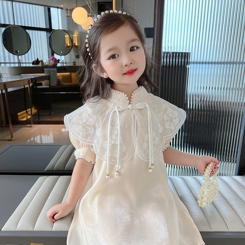 Váy sườn xám kid cực xinh hàng Váy mùa hè cho bé gái 2023 phong cách mùa hè phong cách mới trẻ em phong cách phương tây đám mây vai sườn xám bé ngắn tay-váy công chúa