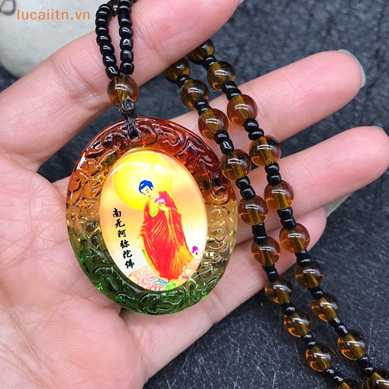 Lucaiitn phật lucky amulet namo amitabha mặt dây chuyền thủy tinh vòng cổ cho phụ nữ nam giới vn