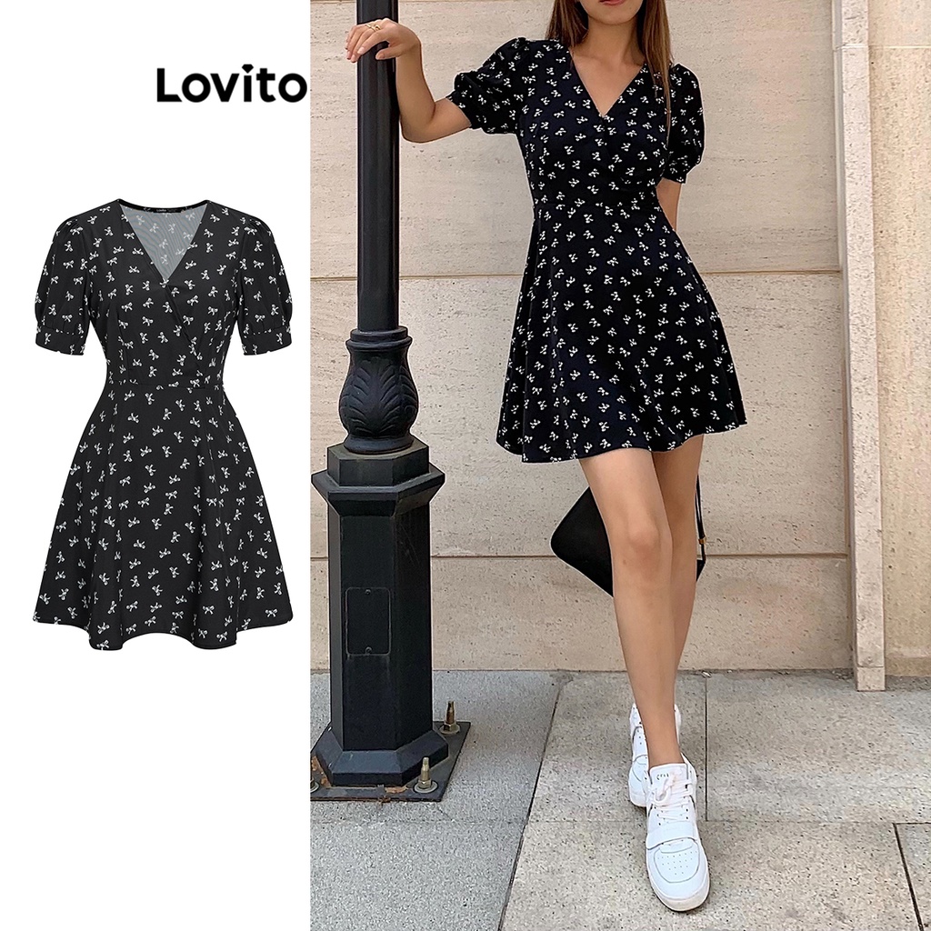 Lovito Váy họa tiết hoa Ditsy giản dị cho nữ L62ED150 (Đen)