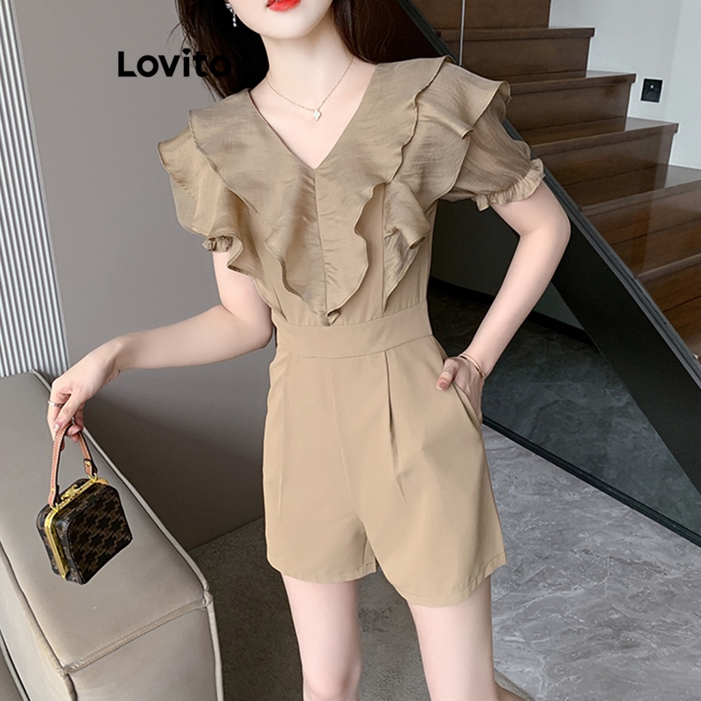 Áo liền quần Lovito tay phồng viền nhún bèo màu trơn thường ngày cho nữ LNE19056 (Màu kaki)