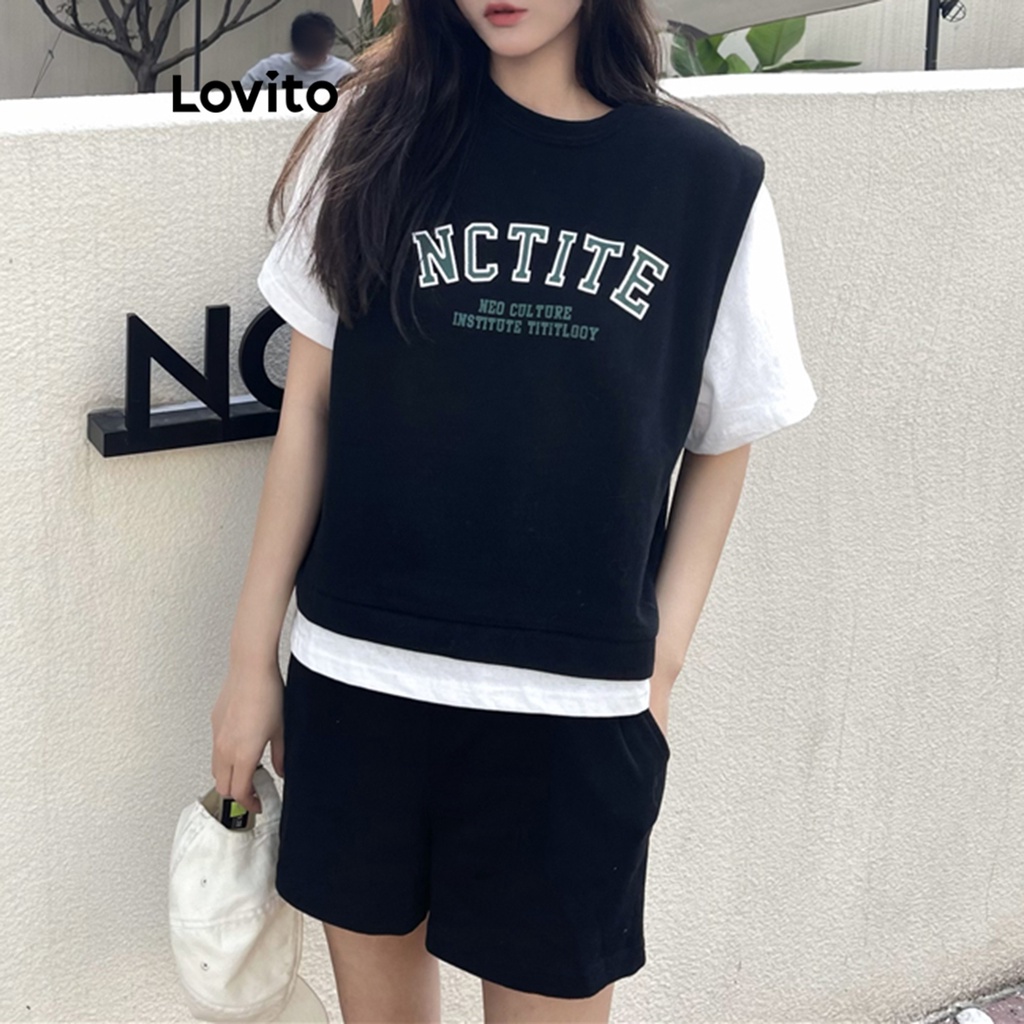 Lovito Bộ quần short bỏ túi 2 trong 1 Letter Fake thông thường cho nữ LNE19041 (Đen)