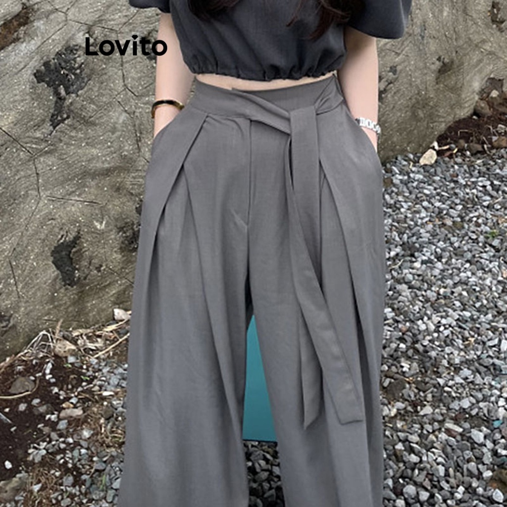 Quần Lovito xếp ly buộc dây màu trơn thường ngày cho nữ LNE19074 (Màu xám đậm)