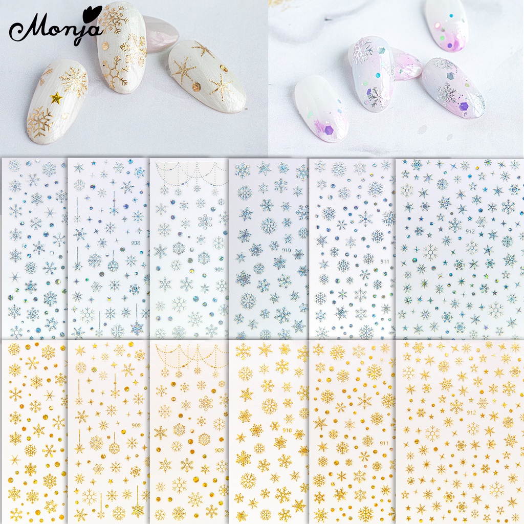 Đề can dán móng MONJA họa tiết hoa tuyết kim tuyến màu vàng bạc Giáng sinh 3D tự dính trang trí nghệ thuật