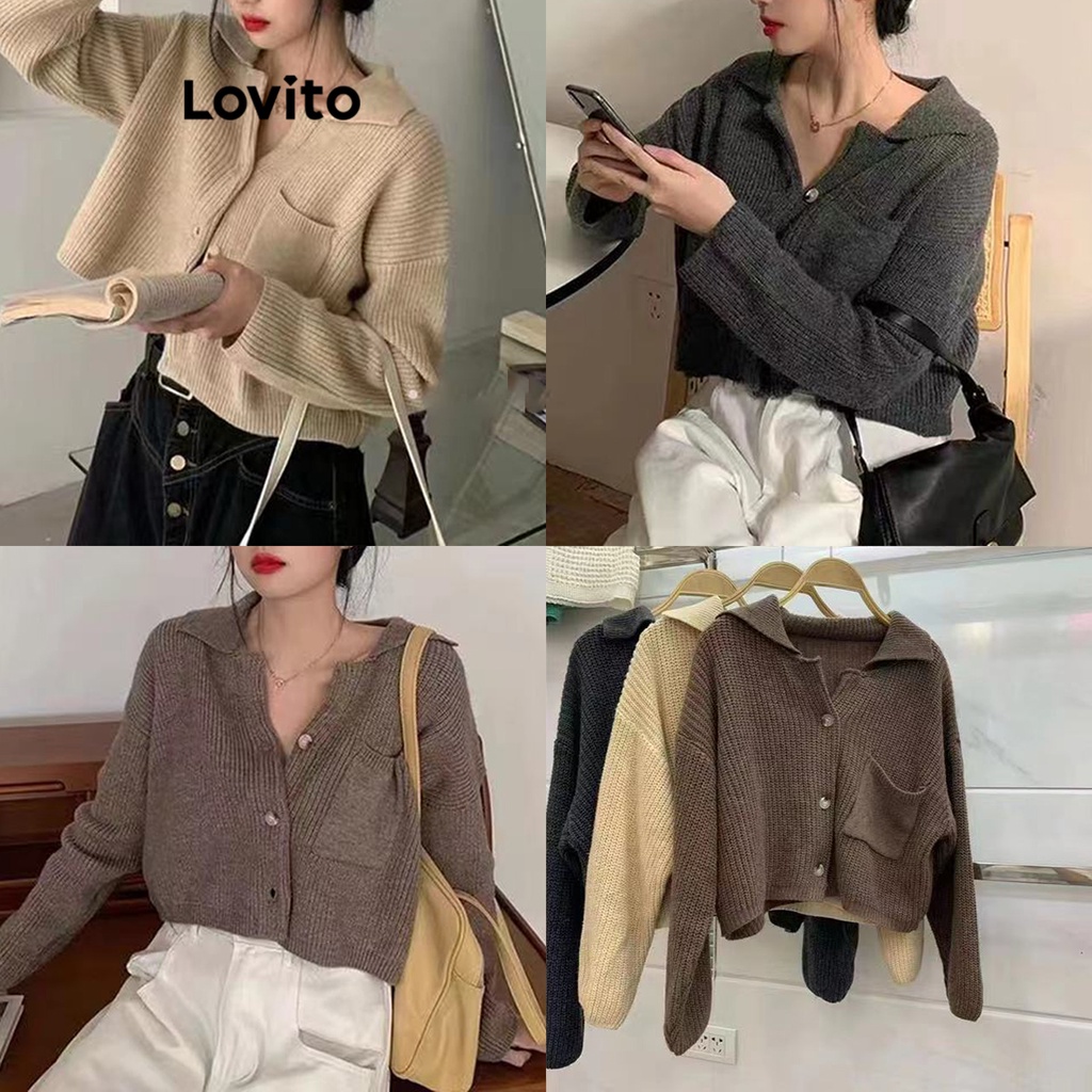 Lovito Áo len có túi trơn thường ngày cho Nữ LNE19087 (Cà phê/Kaki nhạt/Xám đậm)
